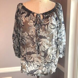 Karen Kane sheer blue floral blouse with dolman sleeves and beaded neckline